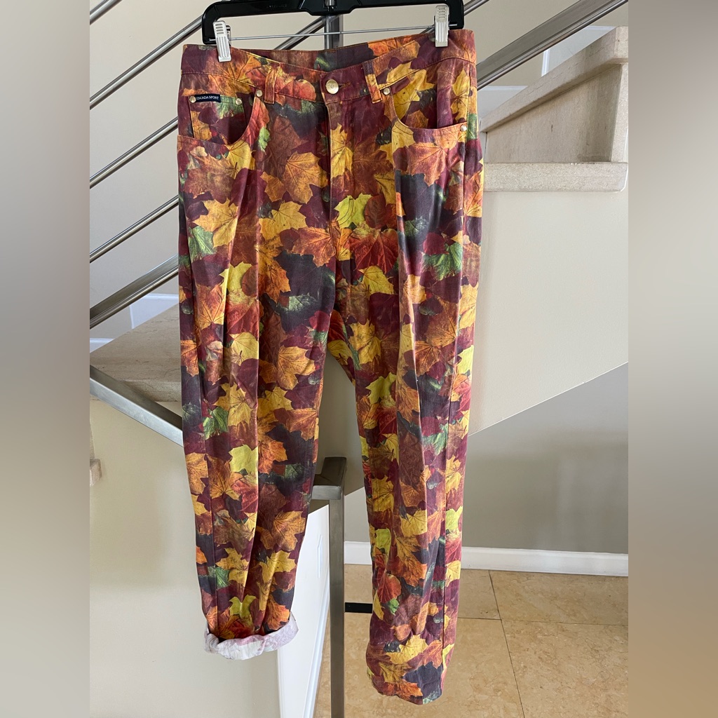 Escada Vintage Multicolor Leaf Print High Waisted Pants